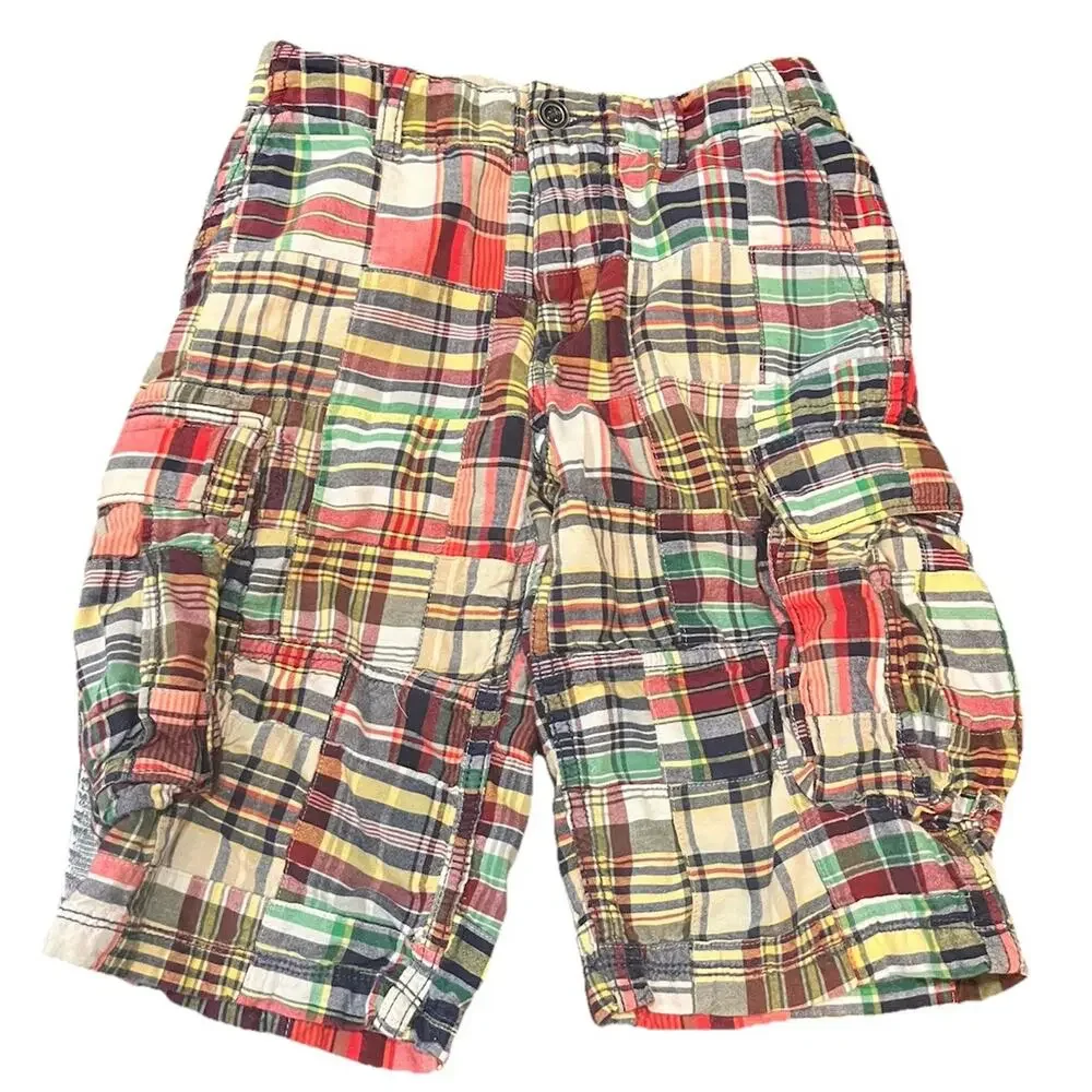 Gap Kids Madras Plaid Cargo Shorts Blue Yellow Green Flat Front Preppy Size 12